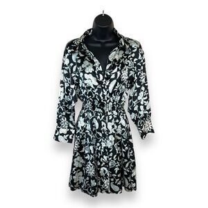 XS NEW Zara Satin Dress Black Blue White Floral Long Sleeve Button Front